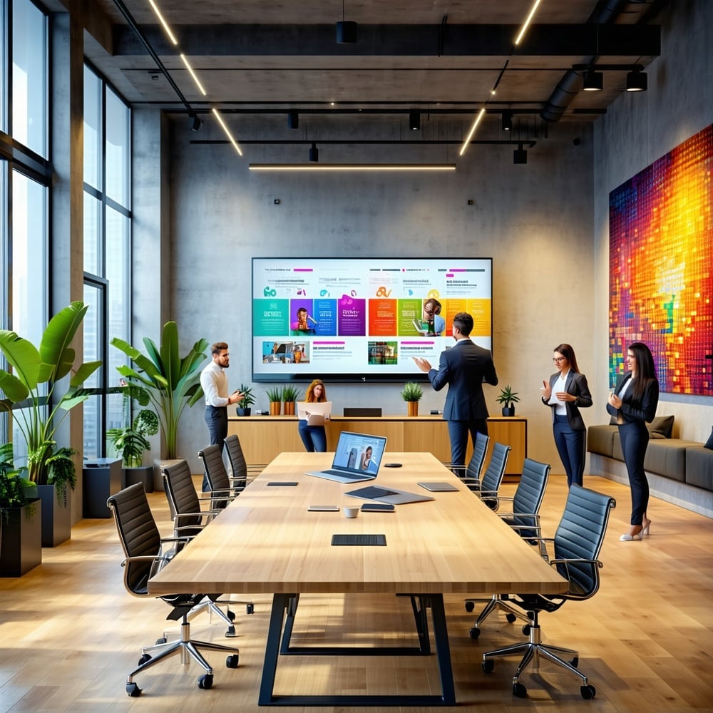 The image depicts a sleek modern SaaS video production agency office space filled with natural light streaming through large windows The decor features minimalist furniture with a blend of wood and metal finishes creating a warm yet contemporary atmosphere A large conference tab-1