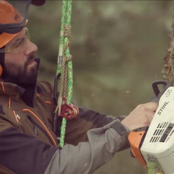 A still from our case study video for Stihl, showing an arborist using a saw.