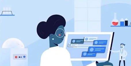 An image still of an animated video for a SaaS business which shows a scientist working at the computer. 