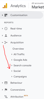 Google Analytics side bar with an arrow pointing to 'social'