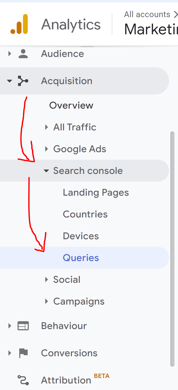 Google Analytics side bar with an arrow pointing to 'Queries'